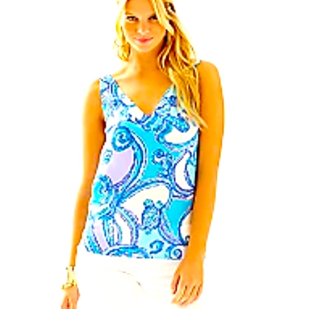 Lilly Pulitzer Cipriani Top Searulean Blue Test The Water XXS 100% Silk